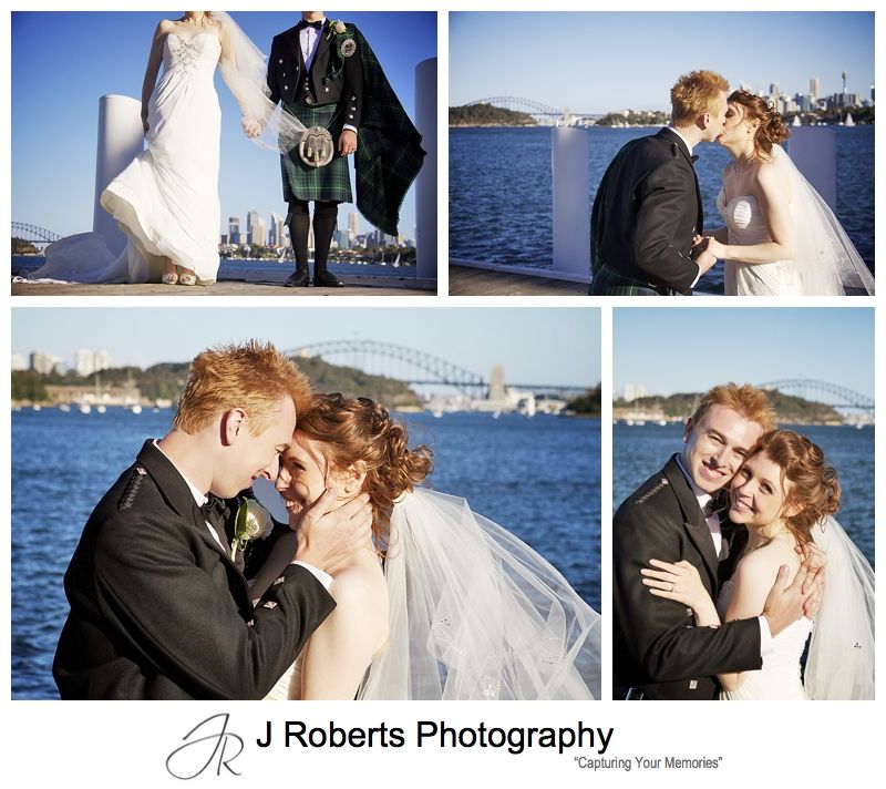 Bride and groom with sydney harbour in the background at woolwich - Sydney wedding photographer 